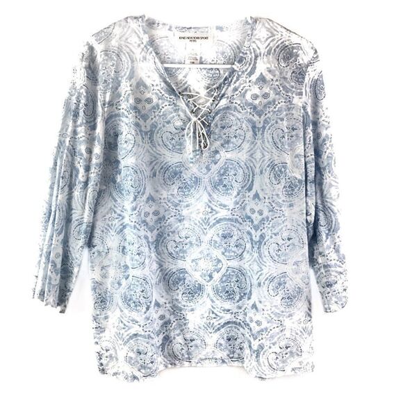 Jones New York Pheasant Blouse Blue White Lace Neck Large Petite - Picture 3 of 6